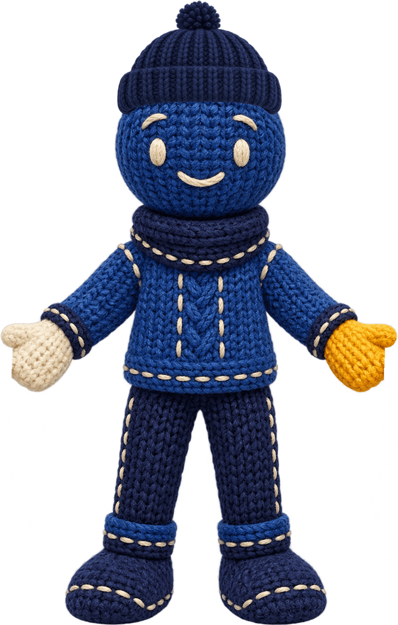 A knitted supporter holding the two loose threads the scarf is being made from